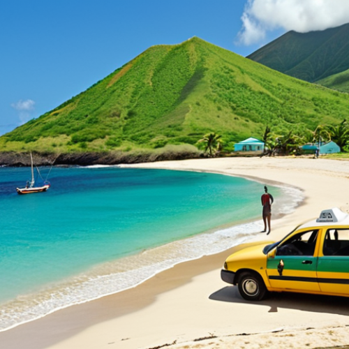 **

"A sun-drenched beach in Saint Kitts and Nevis. Turquoise water gently laps against white sand. Lush green hills rise in the background. A local taxi, perhaps brightly colored, is parked nearby, hinting at exploration and travel."

**