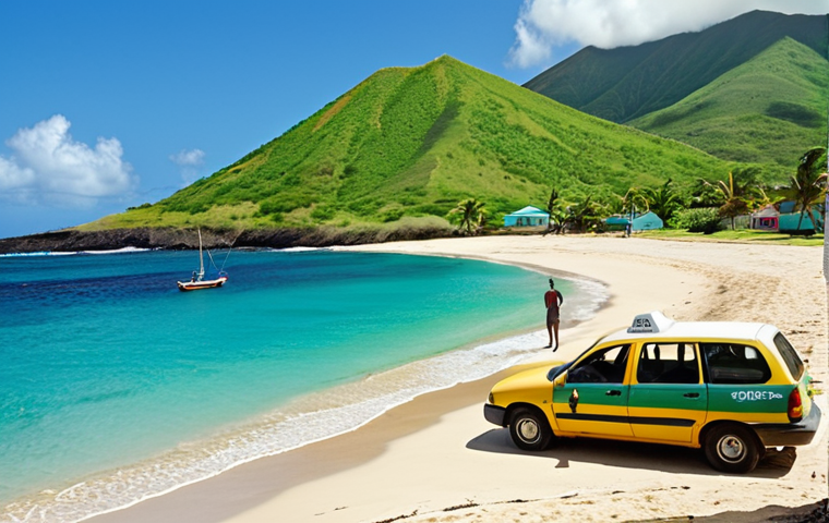 **
"A sun-drenched beach in Saint Kitts and Nevis. Turquoise water gently laps against white sand. Lush green hills rise in the background. A local taxi, perhaps brightly colored, is parked nearby, hinting at exploration and travel."
**